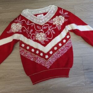 VTG Jaclyn Smith Red and White wool V-Neck Sweater